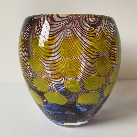 Murano style art glass vase swirls yellow blue dots table decor heavy CHIP 7"